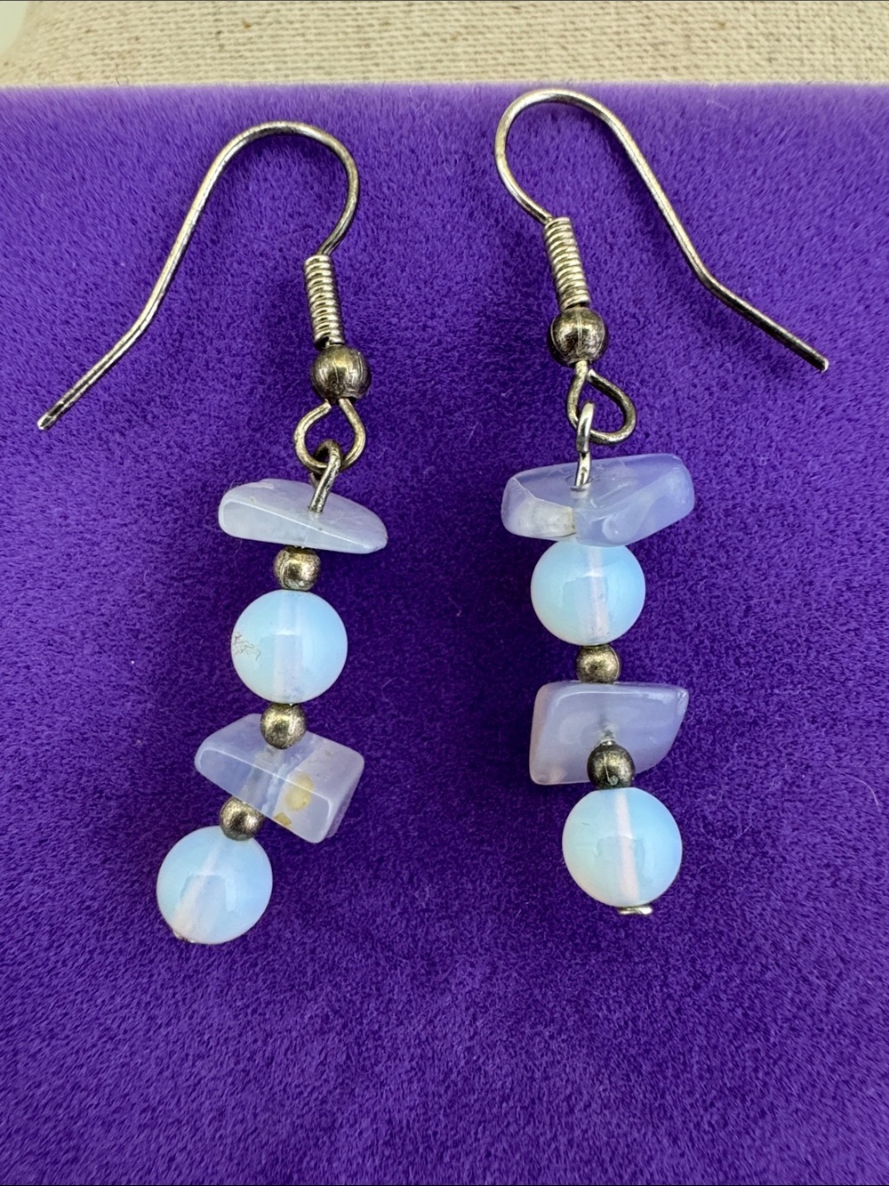 💛 Classic Silver Delicate Blue Opal Bead Drop Earrings | As-Is